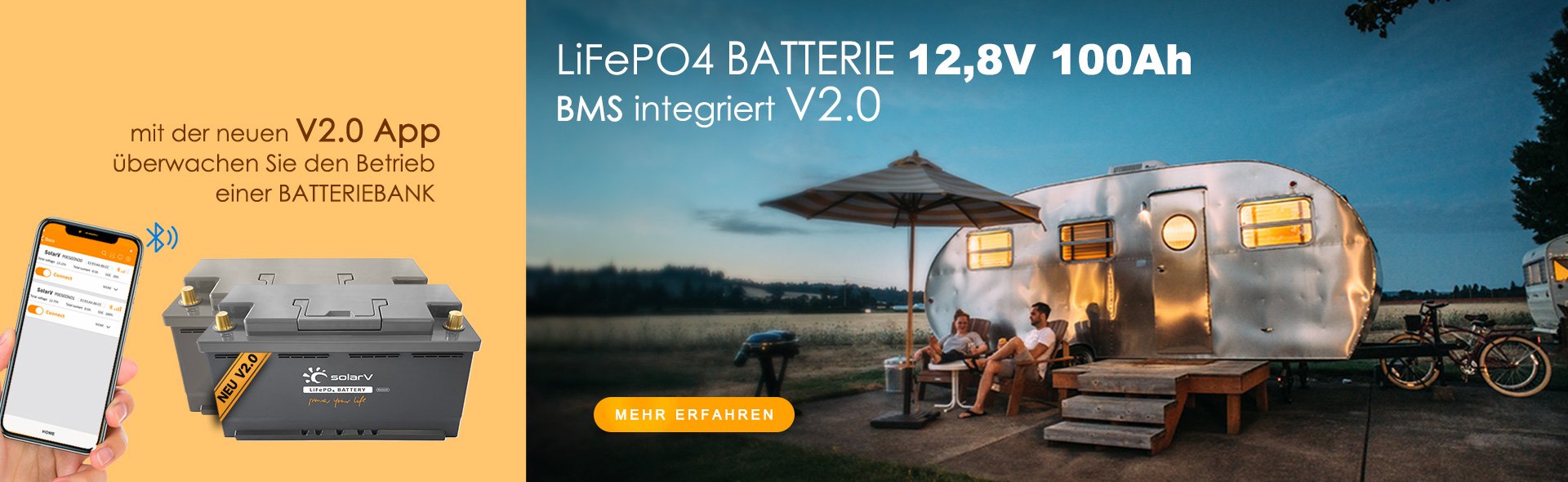 Neue SolarV Batterie 12V 100Ah. Mit BMS (Batterie Management System) via Bluetooth und App bequem von Ihrem Smartphone