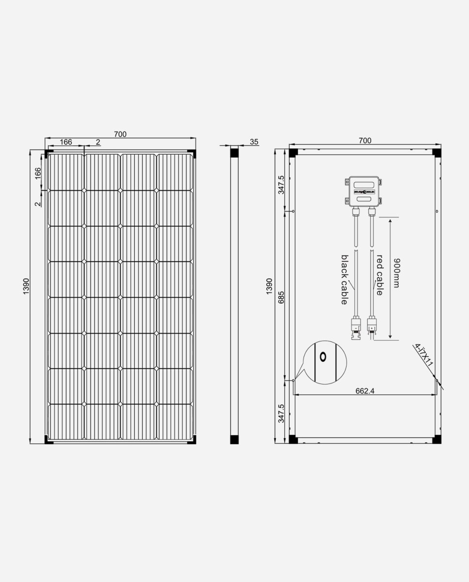 Connections and dimensions of the enjoy solar 190W solar panel