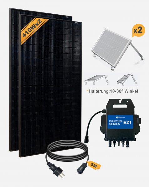 Balkonkraftwerk 800W_APsystems® EZ1-M 800 + Luxen® 410W Solarmodul + 5m Exceedconn® auf Schuko Netzanschlusskabel + Alu Master Halterung - (0% Mwst)