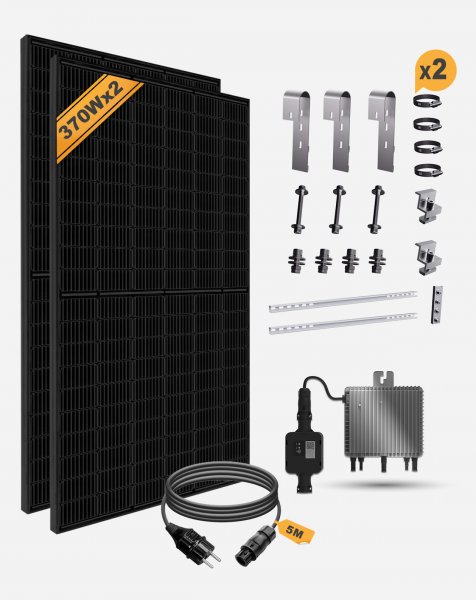 Balcony PV Anlage Deye® SUN80G3-EU-Q0 + Luxen® 370W Solarpanel + 5m Cable Betteri® to Schuko Socket + Alu PV bracket vertical - (0% Mwst)