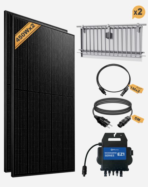 Balkonkraftwerk 800W_APsystems® EZ1-M 800 + SKYWORTH® 450W Solarmodul + 5m  Betteri® auf Schuko Netzanschlusskabel + Alu PV Befestigung senkrecht  - (0% MwSt)