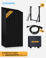 Sunshare Ray&reg; 800W Balcony PV-System &ndash; Complete Set with Microinverter, 4 &times; 200W Solar Modules, 10m AC Power Cable & 4 &times; Mounting Brackets for Balcony Rails (Black)