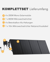 Sunshare Ray&reg; 800W Balkonkraftwerk &ndash; Komplettset mit Mikrowechselrichter, 4*200W Solarmodulen, 10m AC-Netzkabel & 4*Halterung f&uuml;r Betonbalkon (schwarz) - (0% MwSt.)