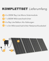 Sunshare Ray Lite&reg; 800W Balkonkraftwerk &ndash; Komplettset mit Mikrowechselrichter, 4*200W Solarmodulen, 5m AC-Netzkabel & 4*Halterung f&uuml;r Balkongel&auml;nde (silber) - (0% MwSt.)