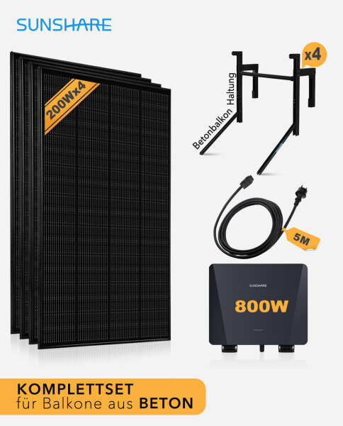 Sunshare&reg; Ray 800W Balkonkraftwerk &ndash; Komplettset mit Mikrowechselrichter, 4*200W Solarmodulen, 5m/10m AC-Netzkabel & 4*Halterung f&uuml;r Betonbalkon (schwarz) -（0% MwSt.)