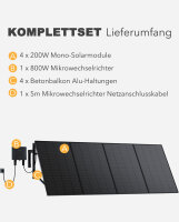 Sunshare&reg; Ray 800W Balkonkraftwerk &ndash; Komplettset mit Mikrowechselrichter, 4*200W Solarmodulen, 5m/10m AC-Netzkabel & 4*Halterung f&uuml;r Betonbalkon (schwarz) -（0% MwSt.)