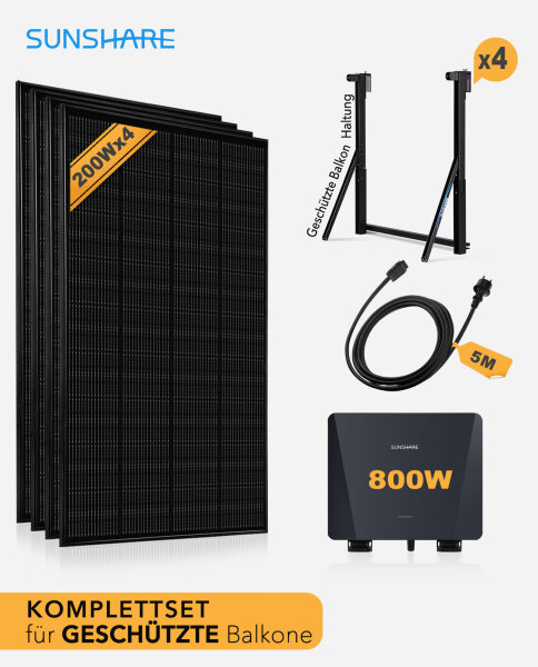 Sunshare&reg; Ray 800W Balkonkraftwerk &ndash; Komplettset mit Mikrowechselrichter, 4*200W Solarmodulen, 5m/10m AC-Netzkabel & 4*Halterung f&uuml;r Balkongel&auml;nde (schwarz)