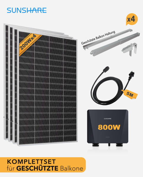 Sunshare&reg; Ray Lite 800W Balkonkraftwerk &ndash; Komplettset mit Mikrowechselrichter, 4*200W Solarmodulen, 5m/10m AC-Netzkabel & 4*Halterung f&uuml;r Balkongel&auml;nde (silber)