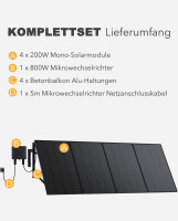 Sunshare&reg; Ray 800W Balcony PV-System &ndash; Complete Set with Microinverter, 4 &times; 200W Solar Modules, 5m/10m AC Power Cable & 4 &times; Mounting Brackets (Black)