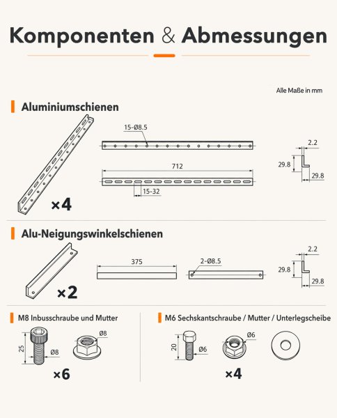 Trango 4er Set Solar-Halterung – Verstellbar 10–60°, Alu, Für Flachdach, Wand, Boden, Boot